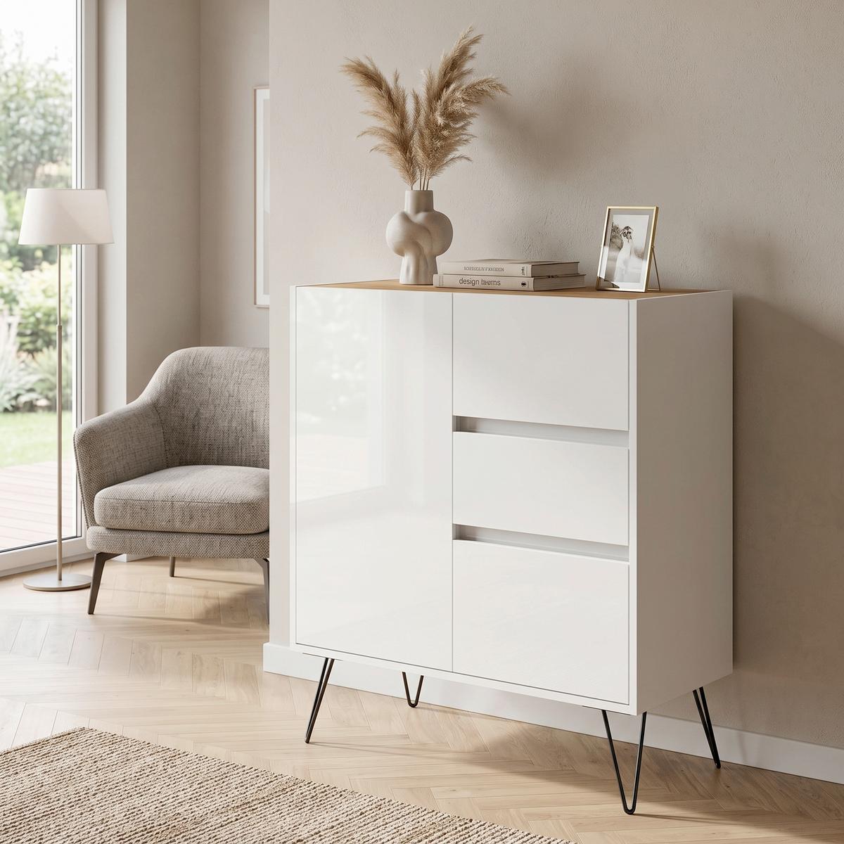 Sideboard Posseik Industrial Eichefarben/Weiß B: 76 cm - Weiß Hochglanz/Eichefarben, Design, Holzwerkstoff (76/93,6/42cm) - MID.YOU
