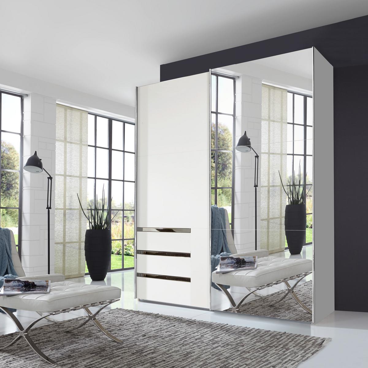 Schwebetürenschrank mit Spiegel 250cm Level 36a, Weiß Dekor - Weiß, MODERN, Glas/Holzwerkstoff (250/216/65cm) - MID.YOU
