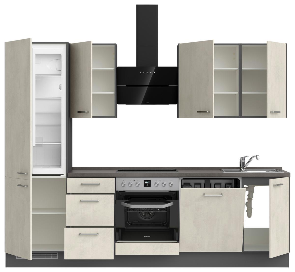 Kuchynská linka 270CM biely betón/ bridlicová šedá - biela/farba ušľachtilej ocele, Modern, kov/kompozitné drevo (270cm) - Nobilia