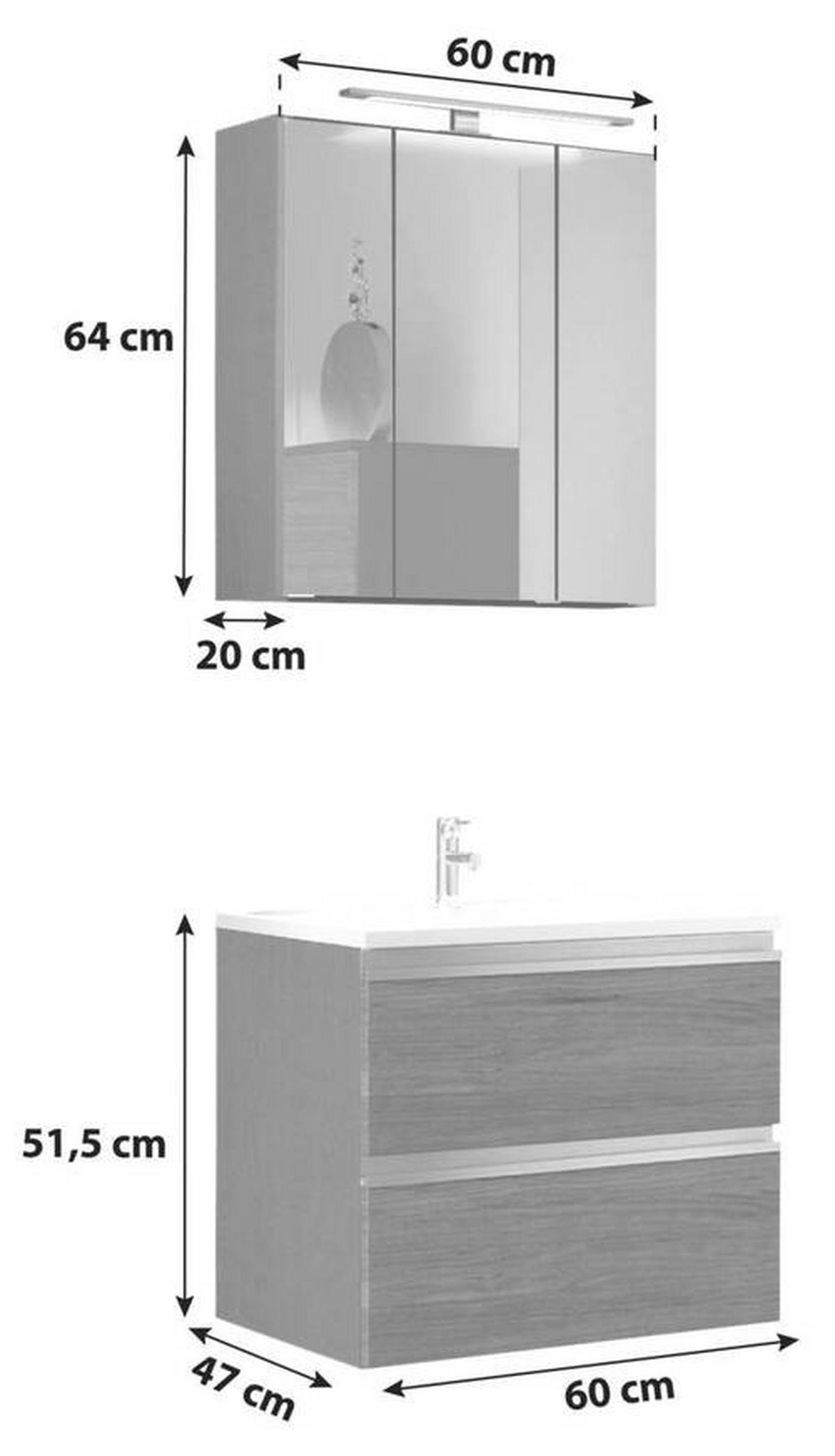 Badmöbel-set 3-tlg. Inkl. Led Arezzo B: 60cm, Eiche Dekor - Eichefarben/Silberfarben, Basics, Holzwerkstoff/Stein (60cm) - Held