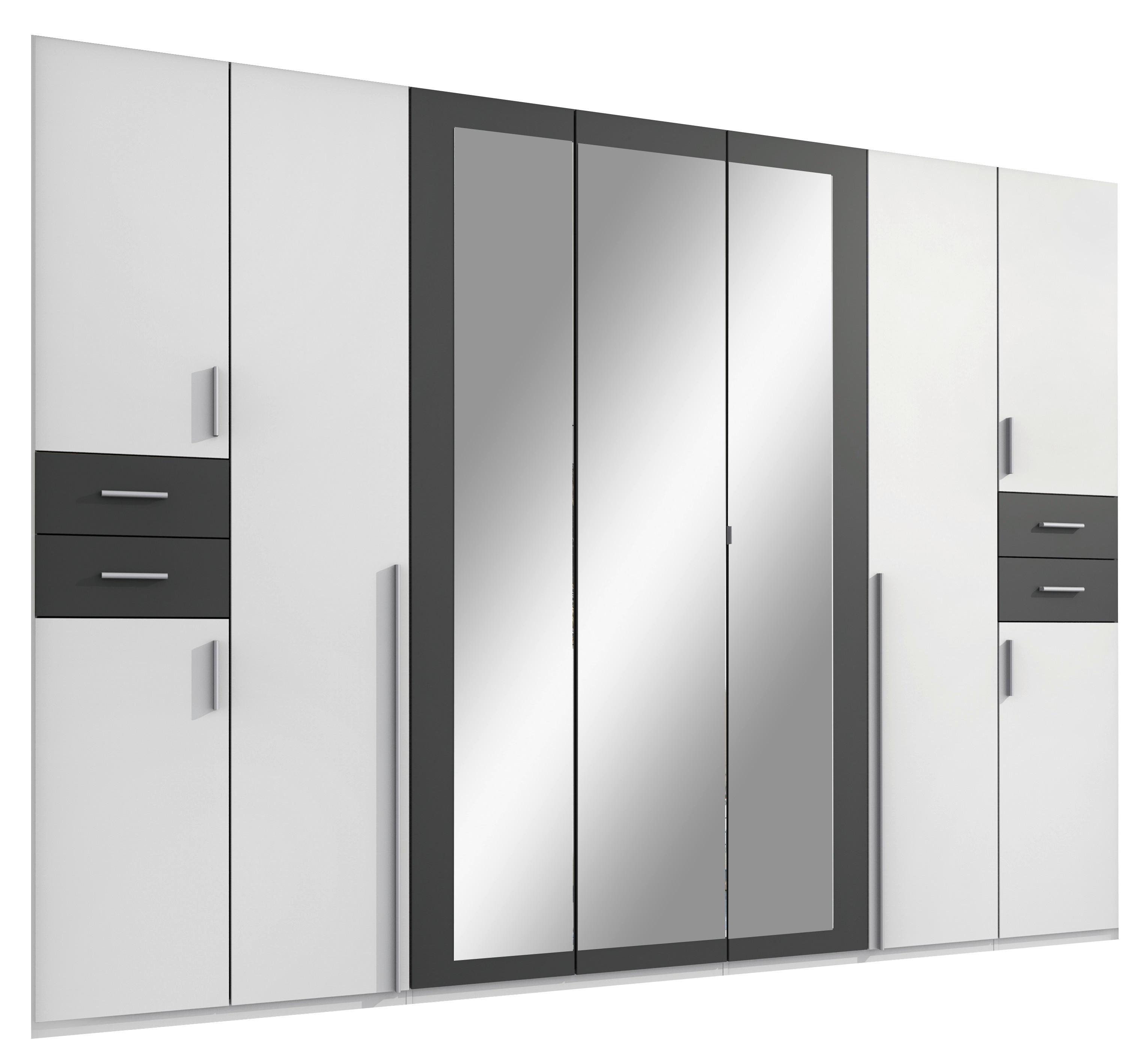 Drehtürenschrank mit Spiegel + Laden B: 313 cm Vegas, Weiß