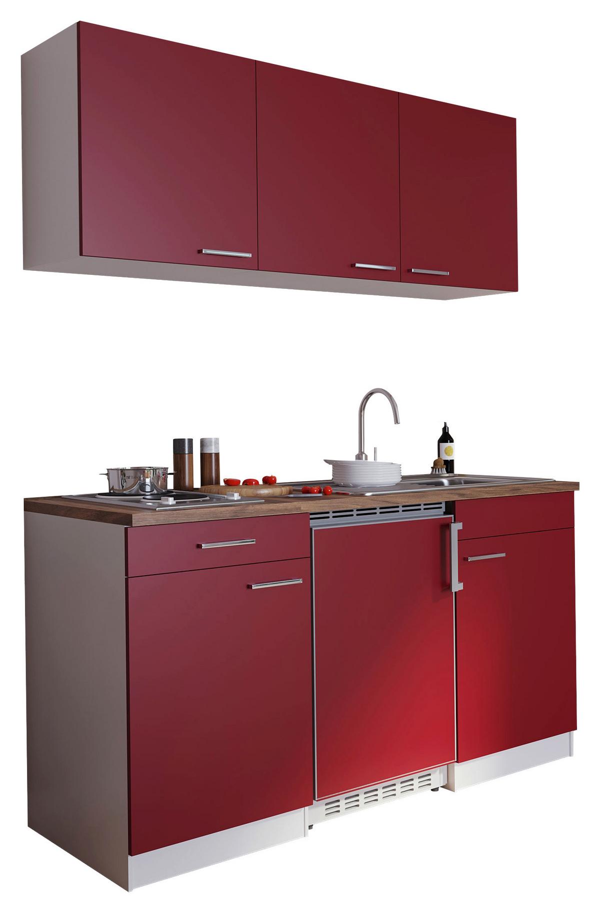 Miniküche Economy mit Geräten 150 cm Rot/ Nussbaum Dekor - Rot/Nussbaumfarben, Basics, Holzwerkstoff (150cm) - Respekta