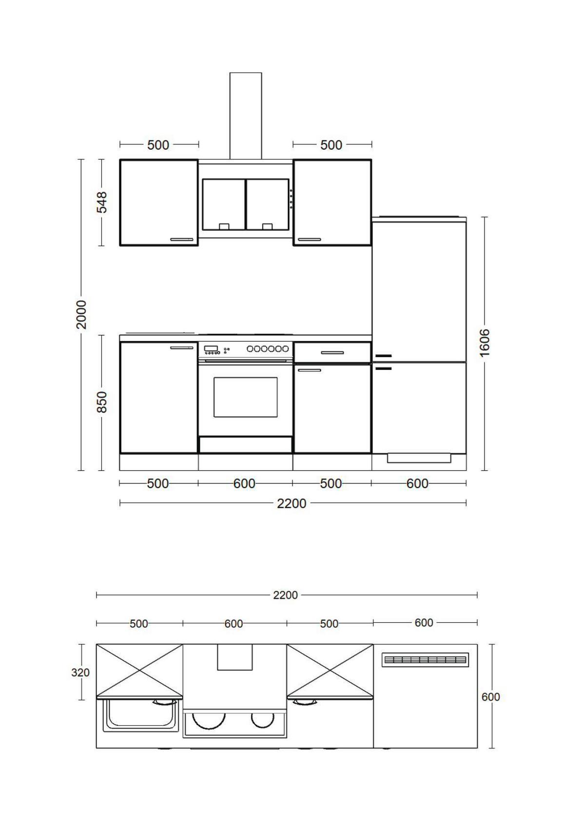 Küchenblock Capri Eiche/Schwarz B: 220 cm - Eichefarben/Schwarz, MODERN, Holzwerkstoff (220cm) - FlexWell