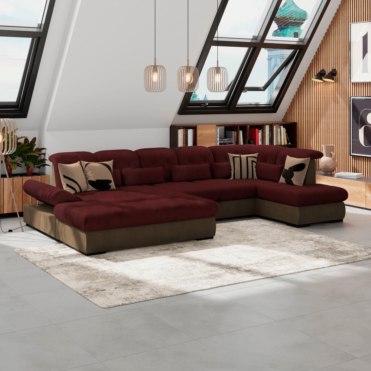 Wohnlandschaft Madera Rubinrot, S: 358x212 Cm - Hellbraun/Rot, KONVENTIONELL, Kunststoff/Textil (190/358/212cm)