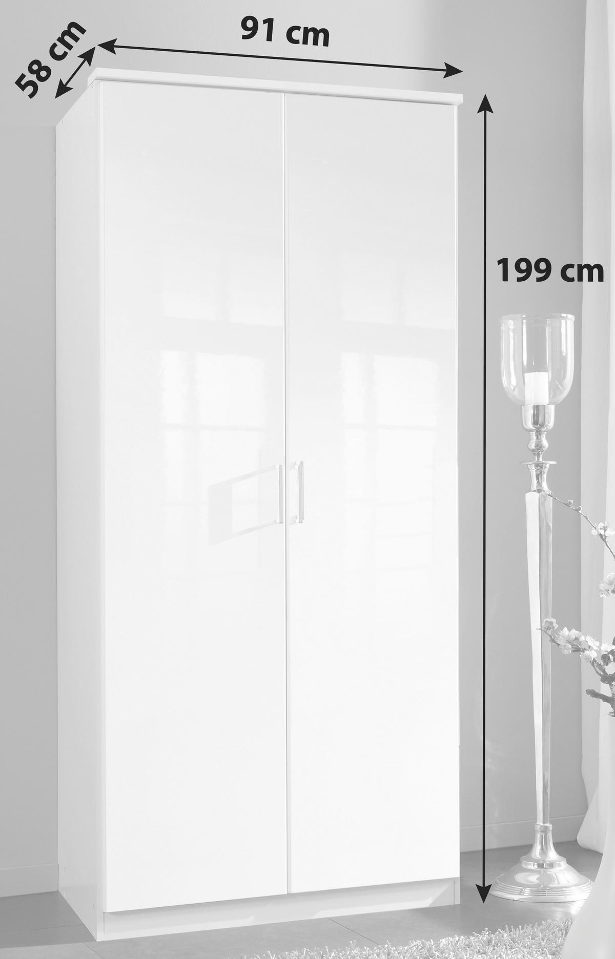 Drehtürenschrank B: 91 cm Clack, Weiß - Weiß Hochglanz/Weiß, Basics, Holzwerkstoff (91/199/58cm) - MID.YOU