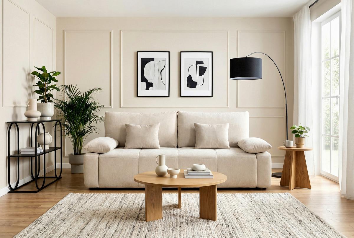 Schlafsofa Hello Lux 3Dl Beige B: 240cm - Beige/Schwarz, Design, Textil (240/93/108cm) - MID.YOU