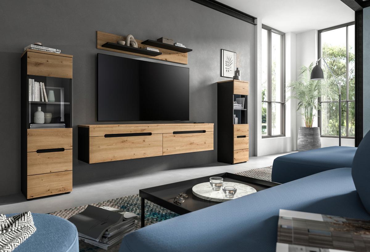 Wohnwand Canu Eiche Artisan Dekor B: 272cm - Schwarz/Eiche Artisan, Design, Holzwerkstoff (272/141/33cm) - Livetastic