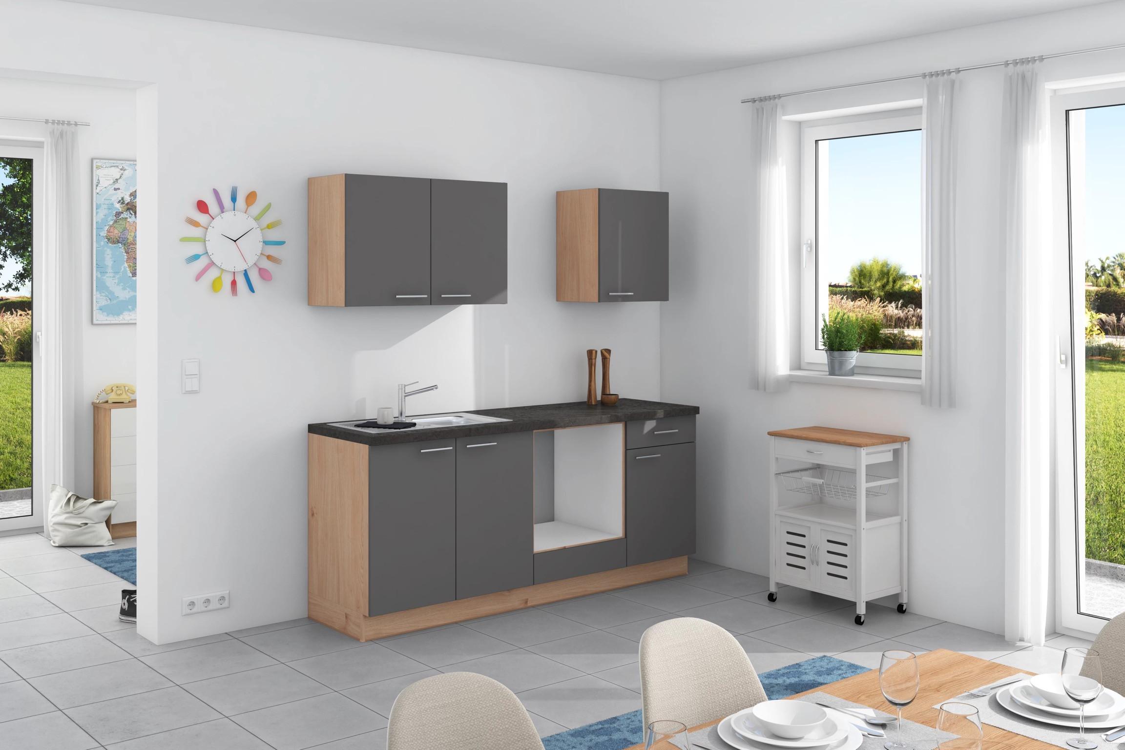 Küchenzeile Base ohne Geräte 200 cm Anthrazit/Wildeiche - Wildeiche/Anthrazit, Design, Holzwerkstoff (200cm) - Express