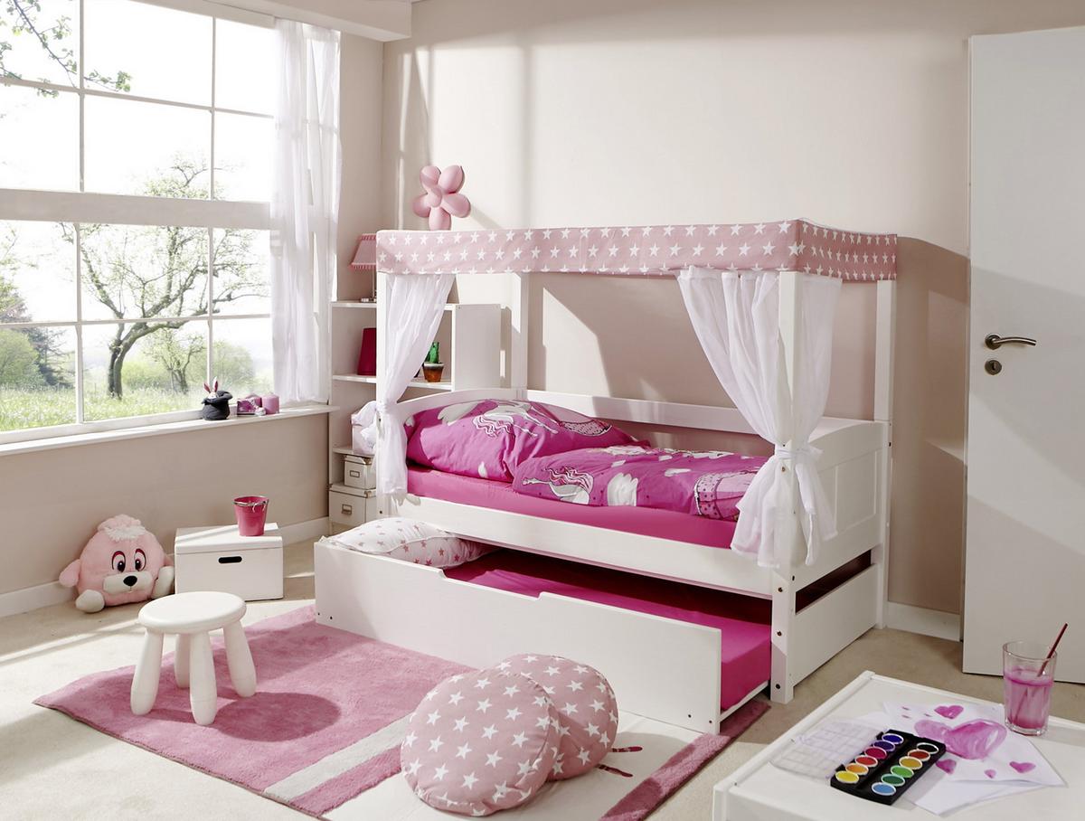 Dětská postel s nebesy LINO MINI závěs růžovobílý - bílá/růžová, Moderní, dřevo (80/160cm) - MID.YOU
