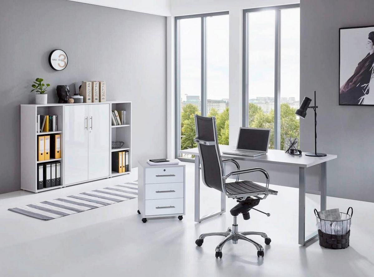 Büro Office Edition Grau/weiß Hochglanz - Weiß Hochglanz/Grau, MODERN, Holzwerkstoff/Metall - MID.YOU