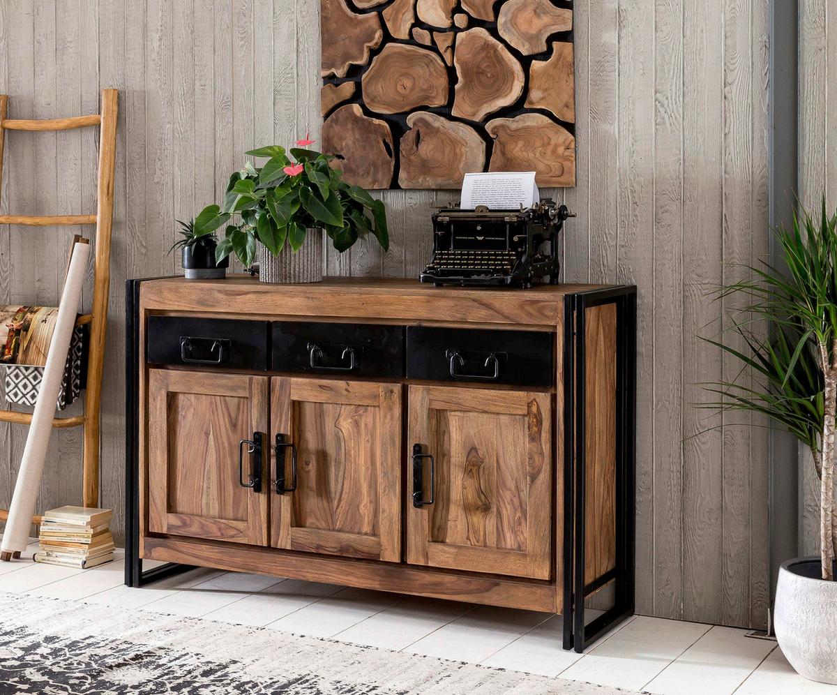 Sideboard Akazie B: 140cm - Schwarz/Naturfarben, Design, Holz/Metall (140/90/40cm) - MID.YOU