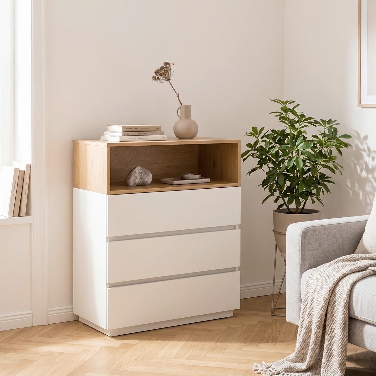 Kommode Melmo K Weiß/Eichefarben B: 80 cm - Eichefarben/Weiß, MODERN, Holzwerkstoff (80/100/40cm) - MID.YOU