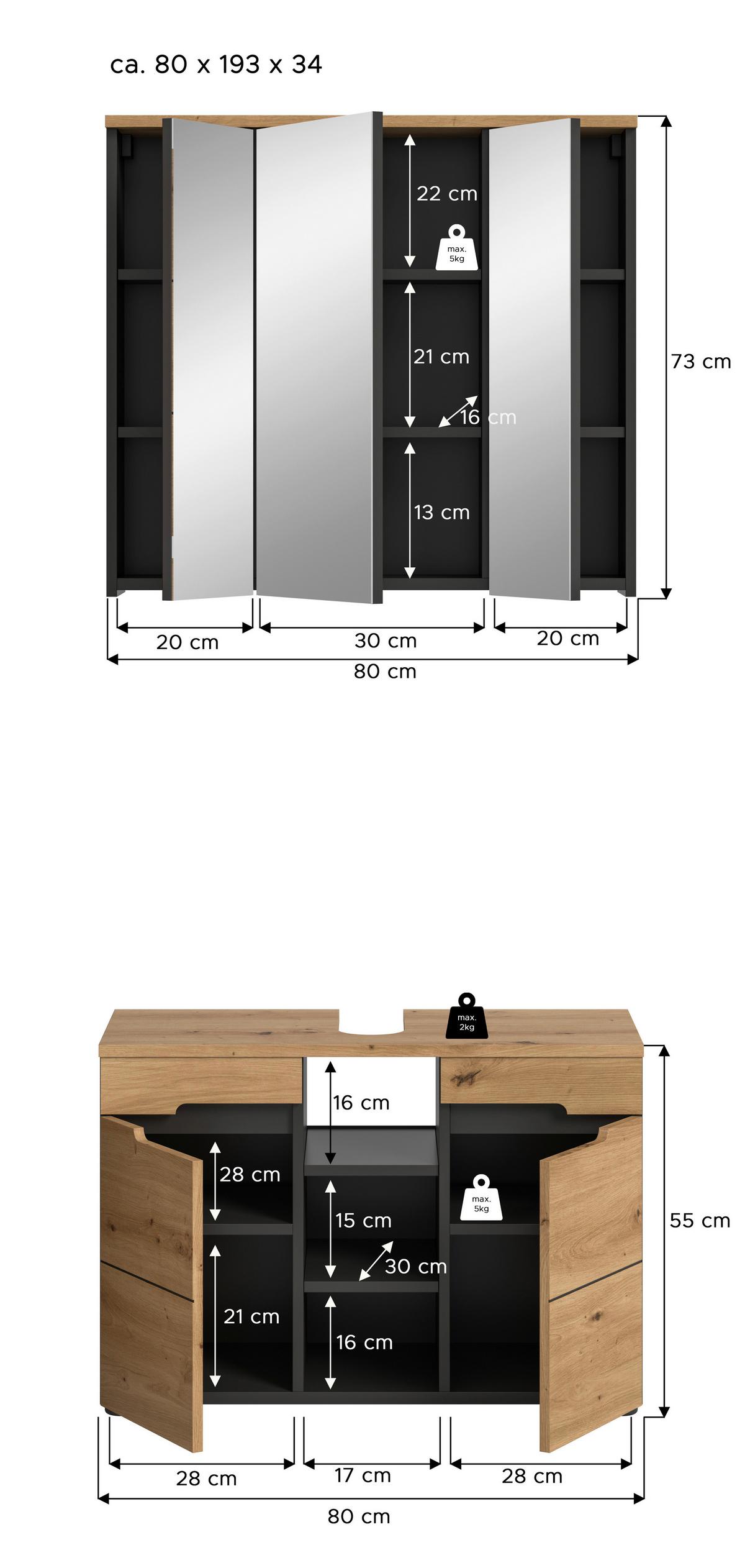 Badezimmer Canu Eiche Artisan Dekor B: 80 Cm - Schwarz/Eiche Artisan, MODERN, Glas/Holzwerkstoff (80cm) - MID.YOU