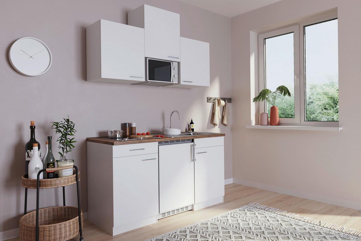 Miniküche Economy M. Geräten 150 Cm Weiß/ Nussbaum Dekor - Nussbaumfarben/Weiß, Basics, Holzwerkstoff (150cm) - Respekta