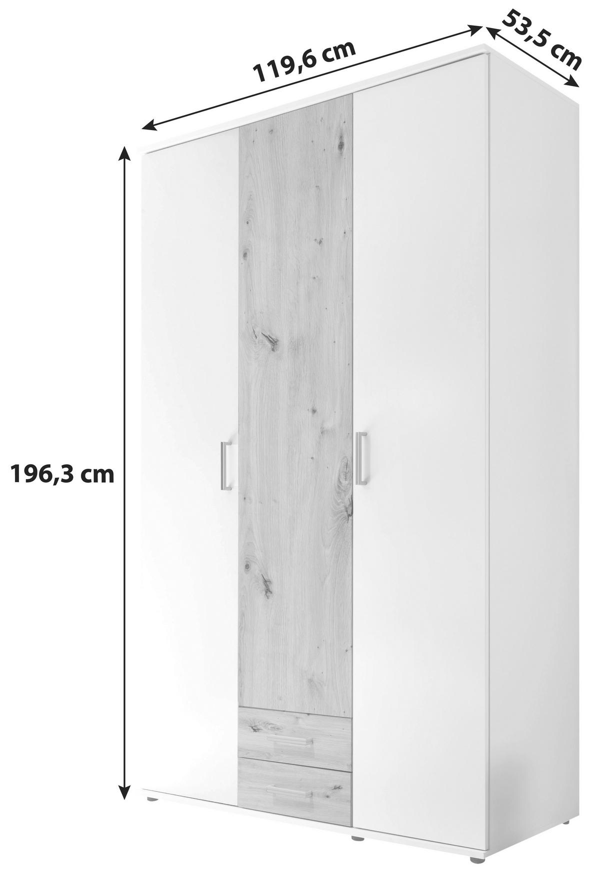 Skříň s otočnými dveřmi PAUL š.120cm, dub Artisan/grafit - bílá/barvy grafitu, Romantický / Rustikální, kompozitní dřevo/plast (119,6/196,3/53,5cm)