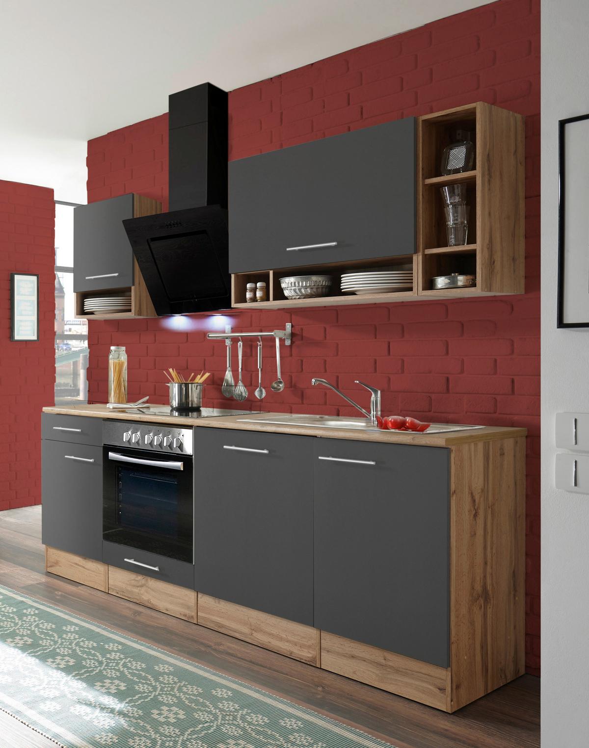 Küchenzeile ohne Geräte B: 220 cm Grau/Wildeiche - Wildeiche/Grau, Basics, Holzwerkstoff (220cm) - Respekta