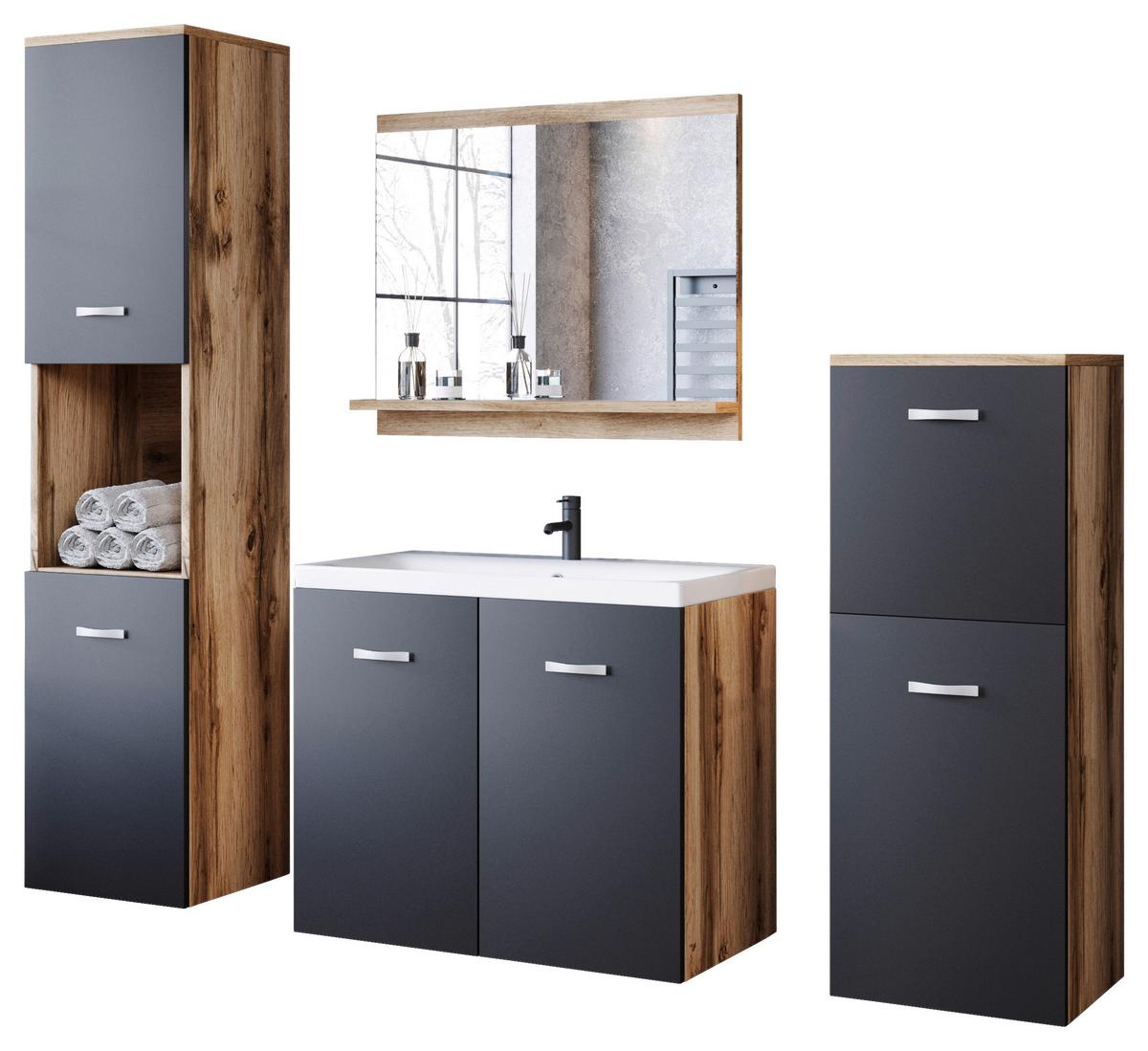 Kúpeľňa, 5 dielna sada, ,dekor dub Wotan/čierna - biela/grafitová, Lifestyle, kov/kompozitné drevo (120cm) - P & B