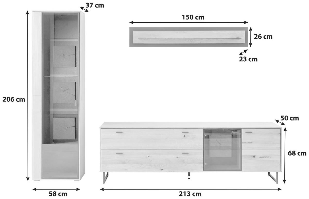 Wohnwand Assini 3-Teilig Wildeiche B: 286 cm - Wildeiche/Schwarz, Design, Glas/Holz (286/206/50cm) - MID.YOU