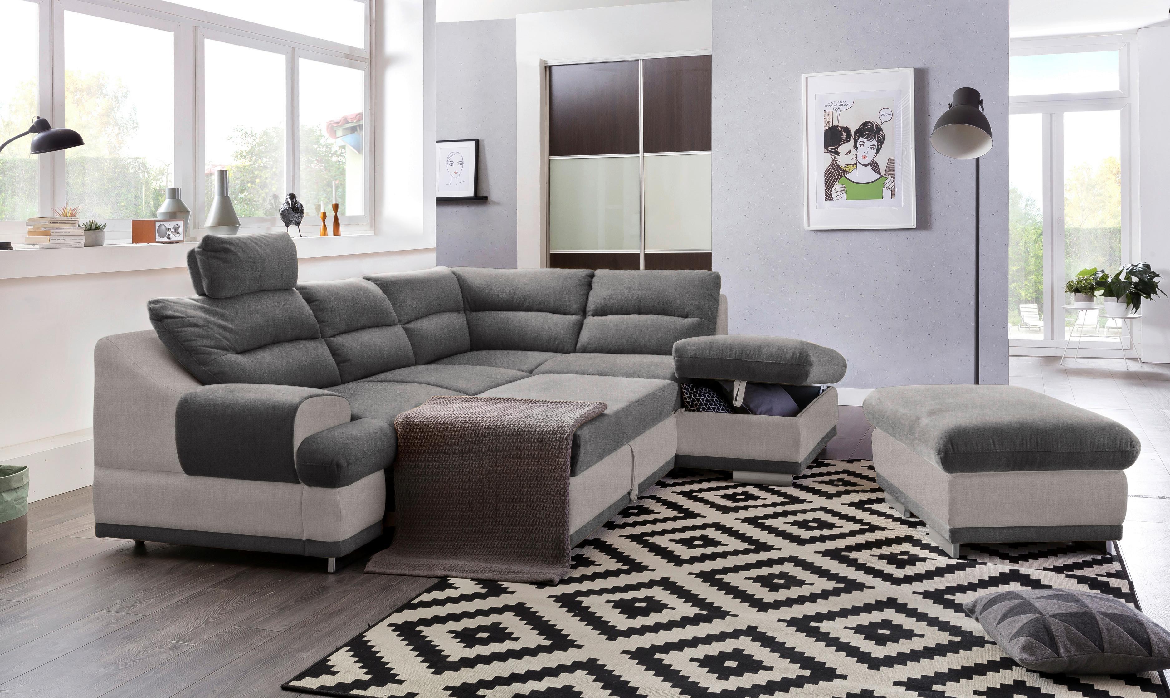 Ecksofa mit Schlaffunktion + Bettkasten Seaside, Velours - Chromfarben/Anthrazit, KONVENTIONELL, Textil (264/217cm) - MID.YOU