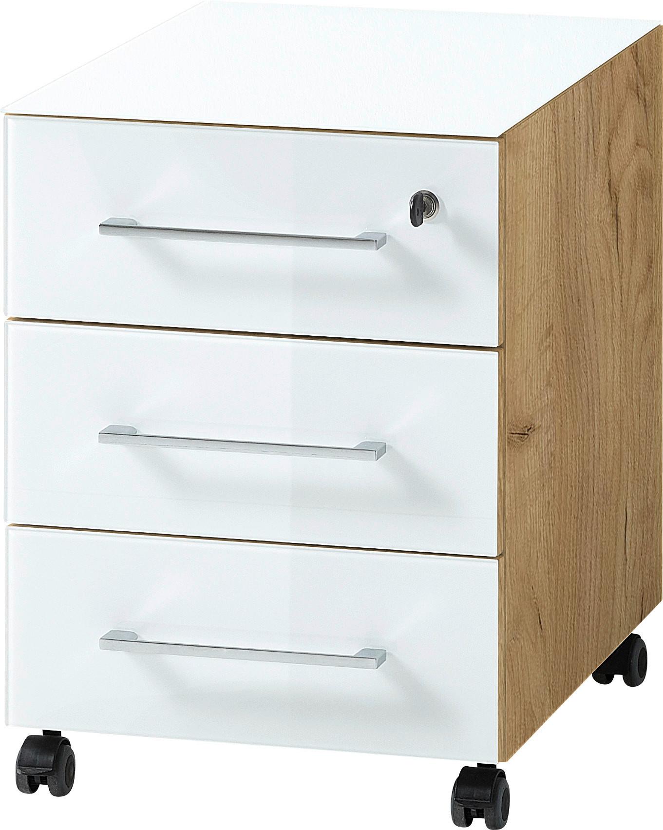 Rollcontainer Gw.monteria Weiß/Eiche Dekor - Eichefarben/Weiß, MODERN, Glas/Holzwerkstoff (40/55/50cm) - Germania