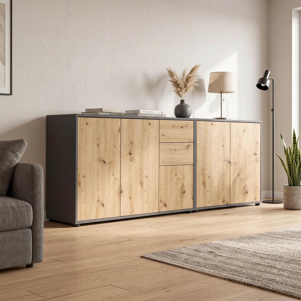 Sideboard Mailand Anthr./Eiche Dekor B: 184,5cm - Anthrazit/Schwarz, MODERN, Holzwerkstoff (184,5/73/33cm) - MID.YOU