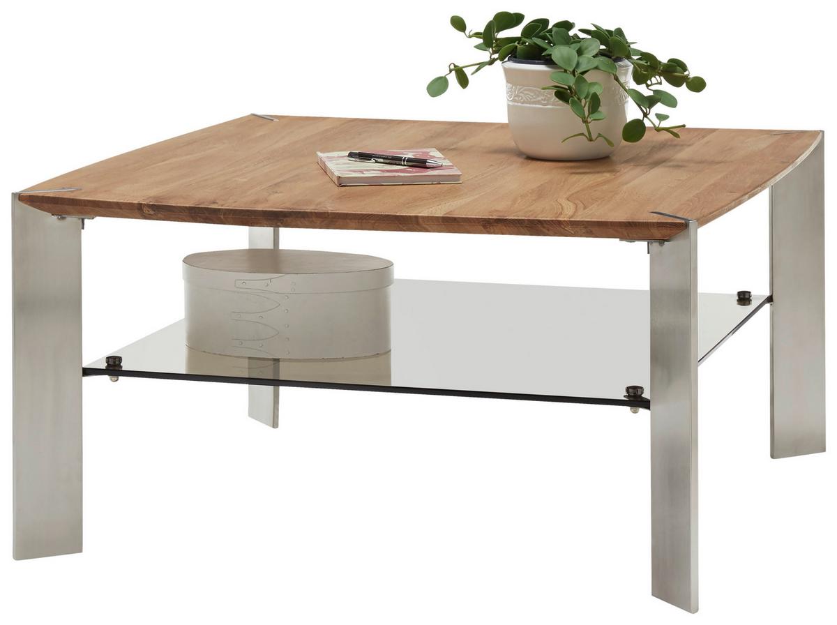 Beistelltisch mit Ablageplatte Nelia, Eiche/Edelstahl - Edelstahlfarben/Eichefarben, MODERN, Glas/Holz (50/41/50cm) - Livetastic