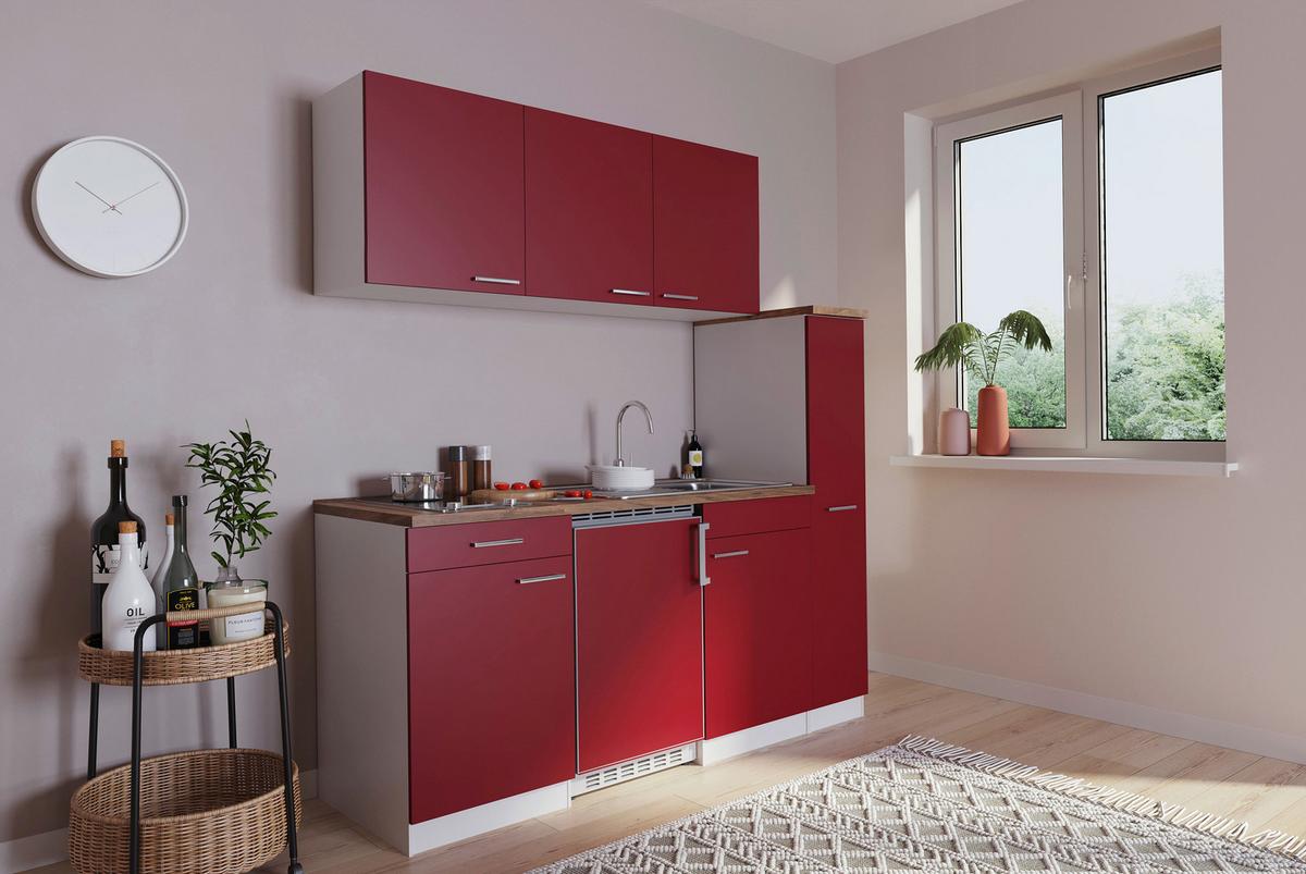 Küchenzeile Economy M. Geräten 180 Cm Rot/nussbaum Dekor - Rot/Nussbaumfarben, Basics, Holzwerkstoff (180cm) - Respekta