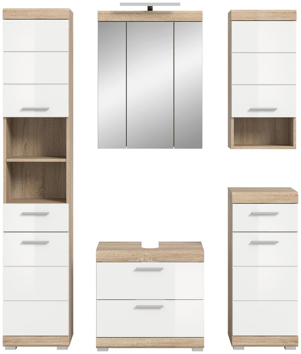 Badezimmer Lambada Eiche Dekor/weiß B: 134 Cm - Weiß Hochglanz/Silberfarben, MODERN, Glas/Holzwerkstoff (134cm) - MID.YOU