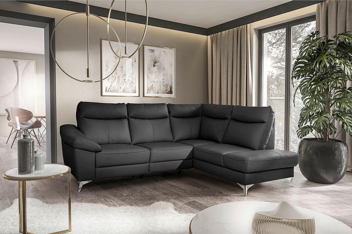 Ecksofa Luna Teilleder Schwarz 242x194 - Chromfarben/Schwarz, Design, Leder/Textil (242/194cm) - Livetastic