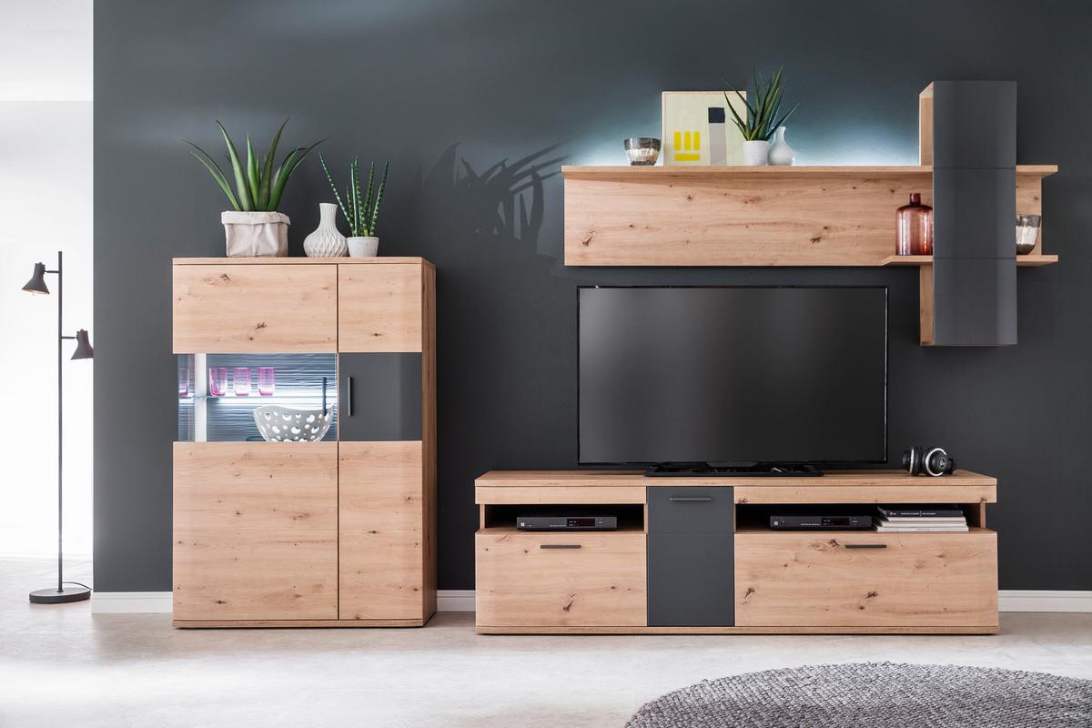 Wohnkombination 3-tlg. Cortona Anthrazit/eichefarben - Klar/Eichefarben, Design, Glas/Holzwerkstoff (310/198/50cm) - Livetastic