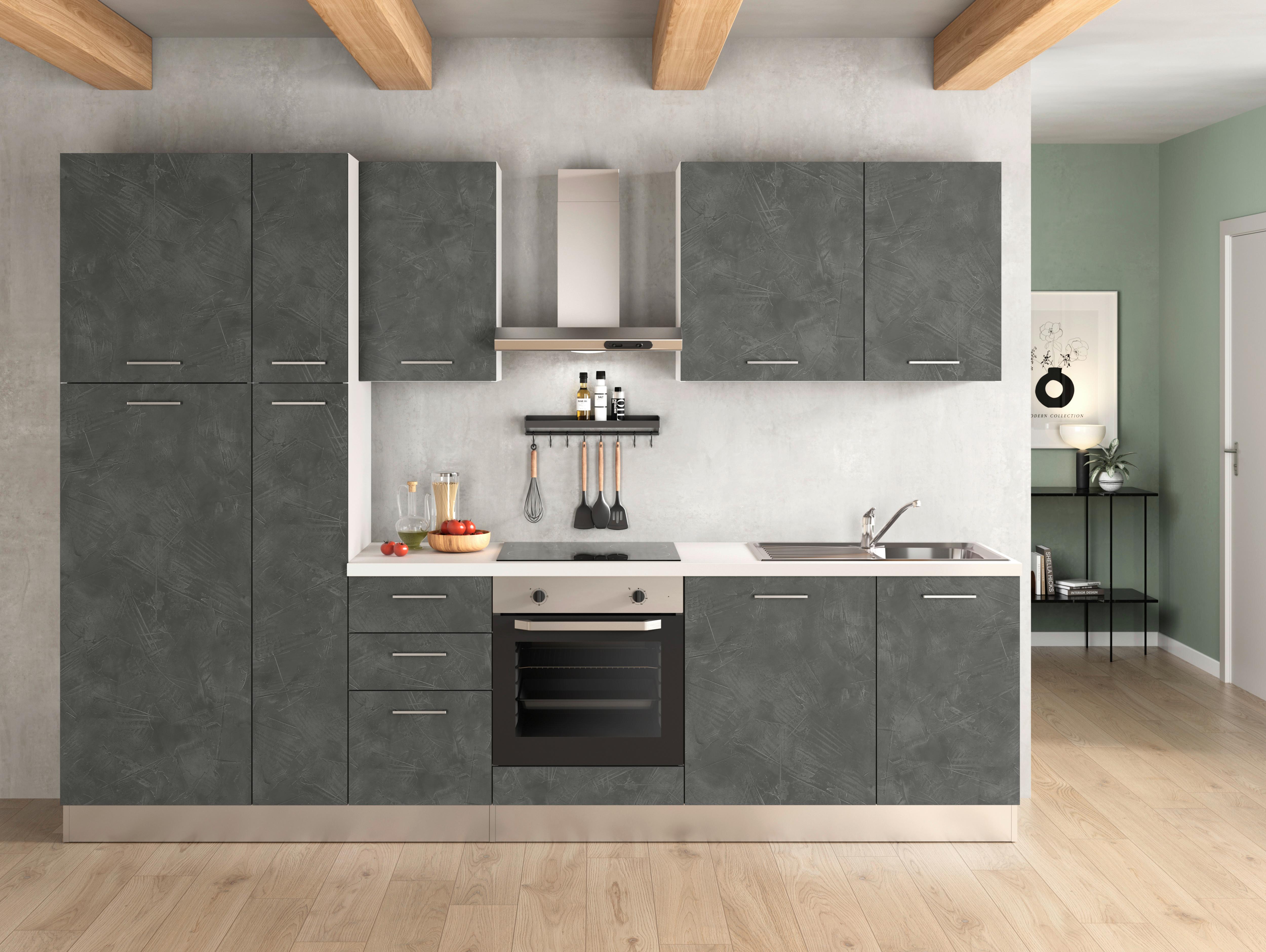 Küchenblock Afrodite Mit Kühlschrank 300 cm Dunkelgrau - Dunkelgrau/Alufarben, LIFESTYLE, Holzwerkstoff/Kunststoff (300cm) - MID.YOU