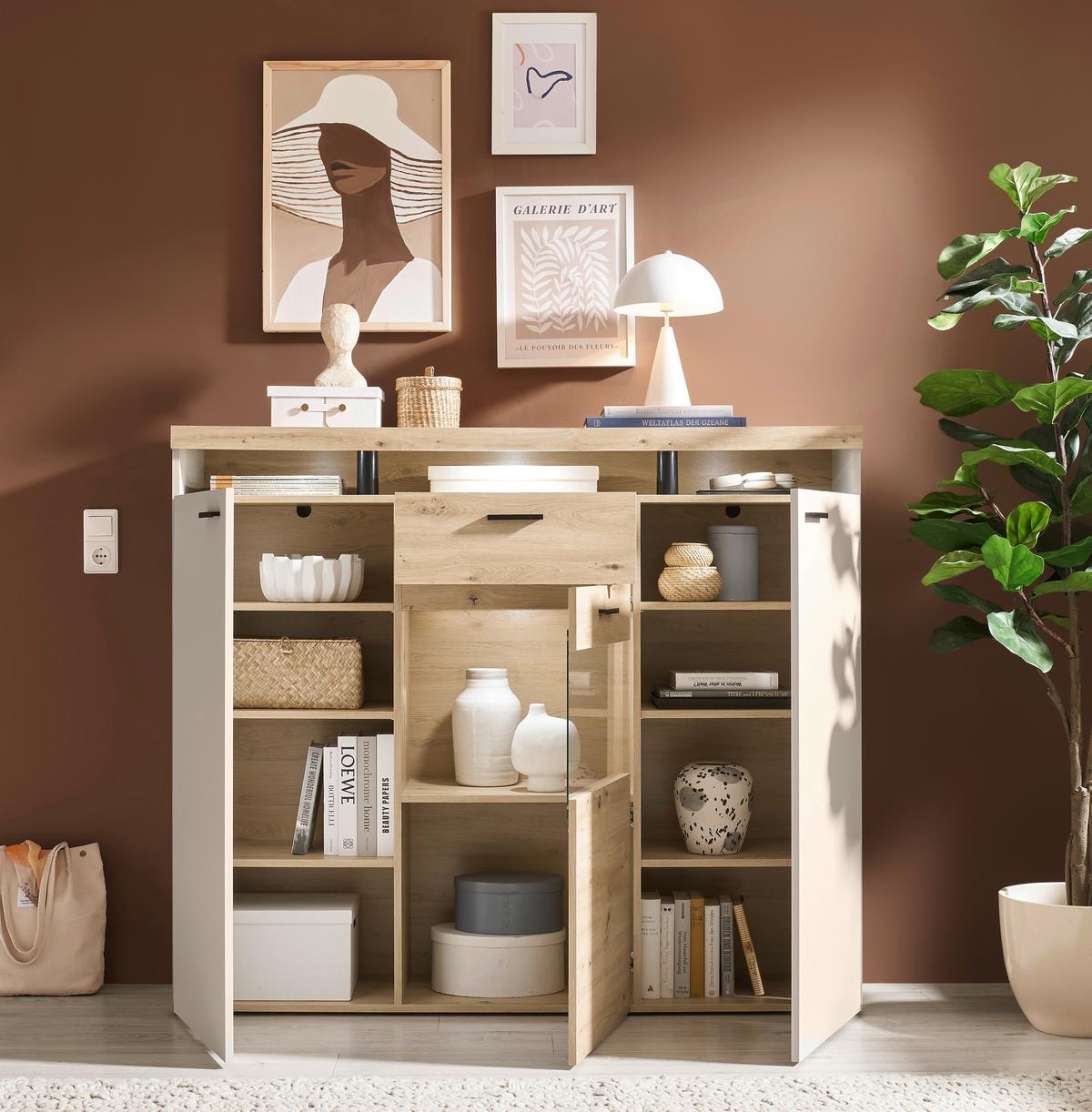 Highboard Strada Giga *ph* Eiche Artisan/Kashmir, B:151cm - Kaschmir/Schwarz, Trend, Glas/Holzwerkstoff (151/129/37cm)