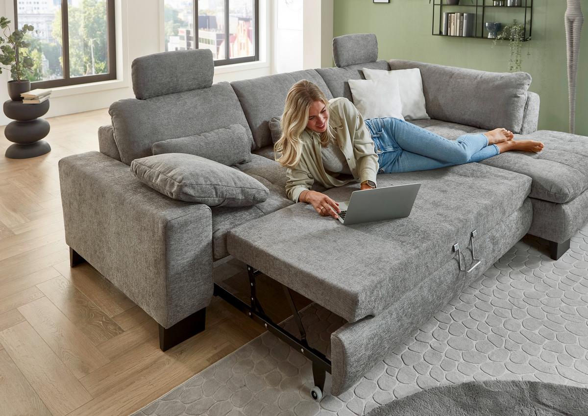 Rohová sedačka LANDO, pravá, šedá žinylka, s funkcemi - šedá/černá, Moderní, kov/textil (289/197cm) - Premium Living