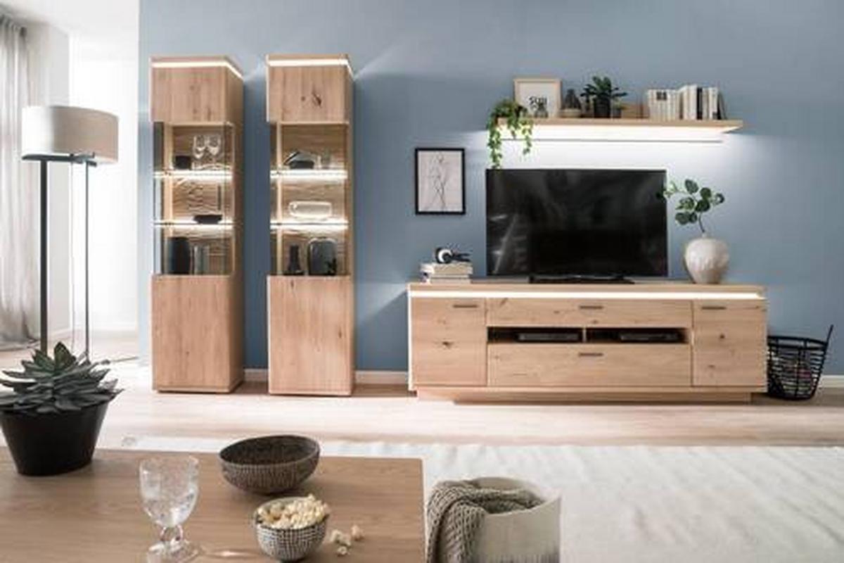 Wohnkombination teilmassiv 4--Teilig. Barcelona Eichefarben - Eichefarben, Design, Glas/Holz (340/204/50cm) - Livetastic