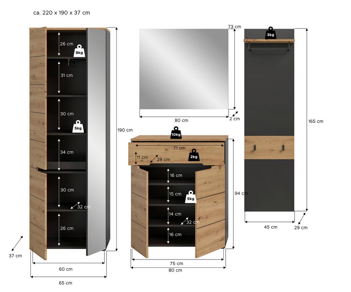 Garderobe Canu 4-teilig Eiche Artisan/grau B: 220 Cm - Eiche Artisan, Design, Holzwerkstoff (220/190/37cm) - Livetastic