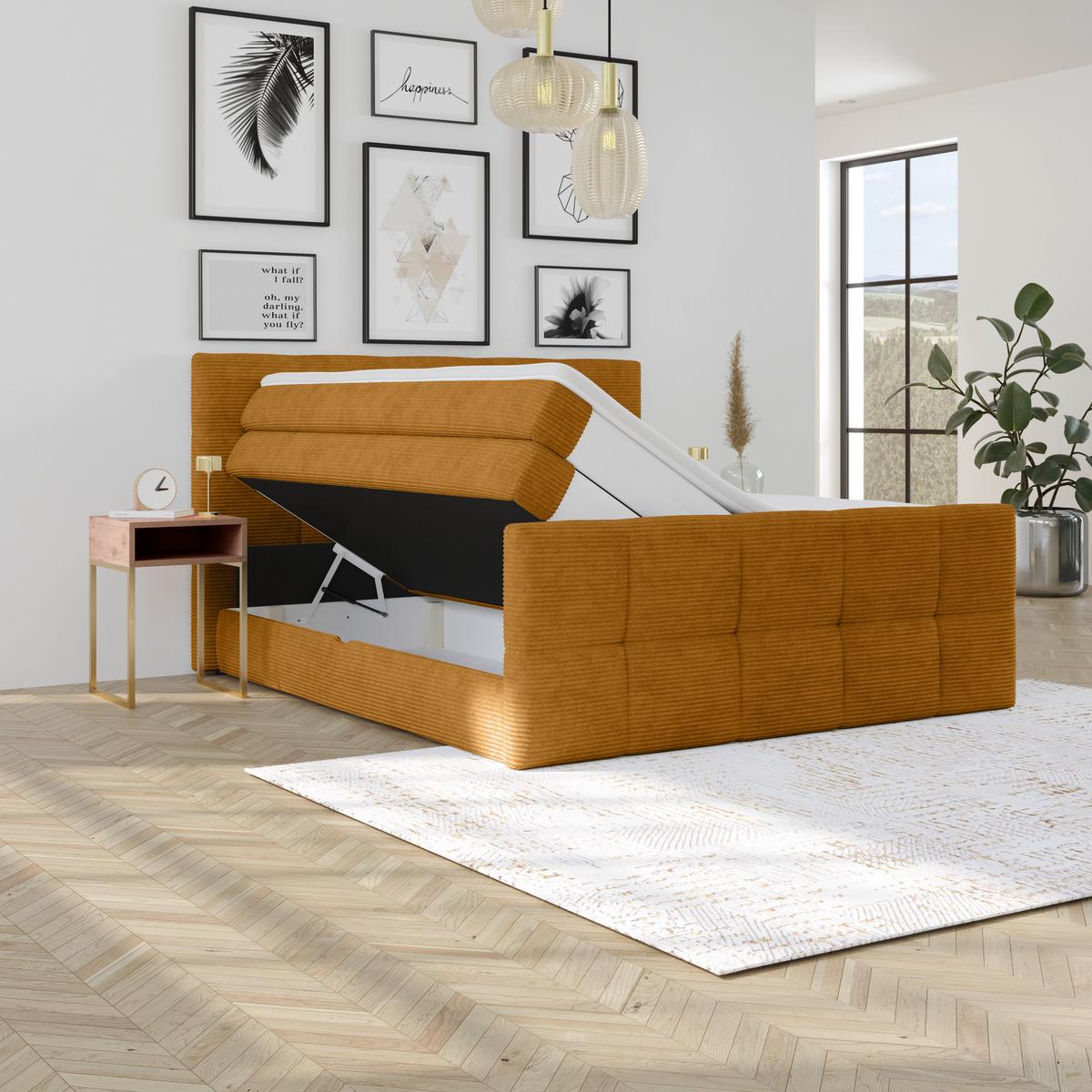 Boxspringbett mit Topper und Bettkasten 180x200 cm Medino - Senfgelb, KONVENTIONELL, Holz/Holzwerkstoff (180/200cm)