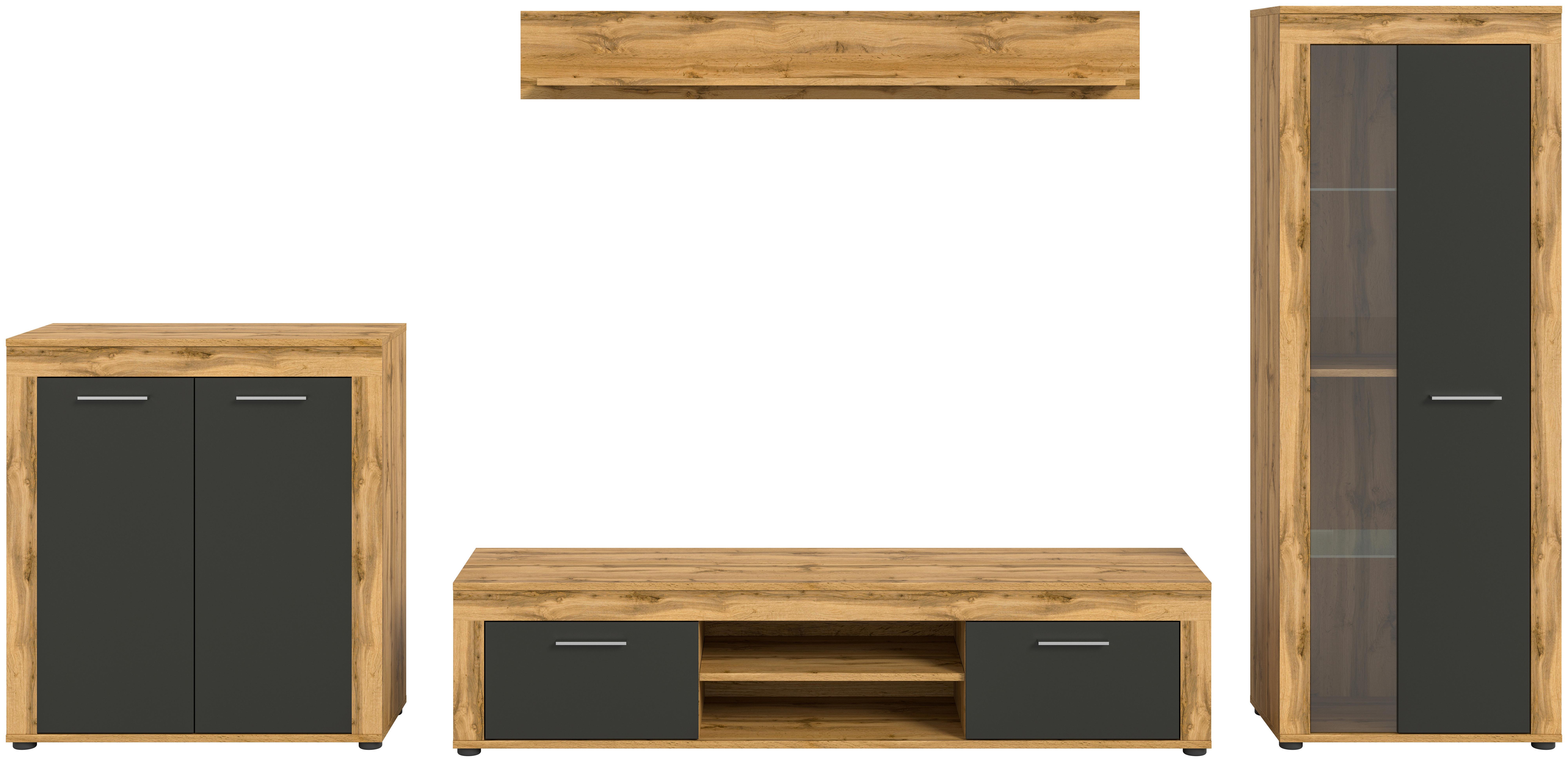 Wohnwand Jam Eiche Dekor, Anthrazit 4-Teilig B: 330 Cm - Anthrazit/Eiche Wotan, Design, Glas/Holzwerkstoff (330/159/35cm) - MID.YOU