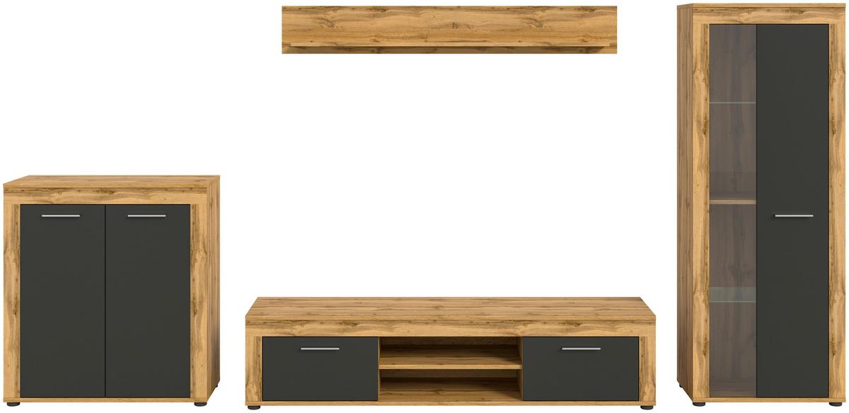 Wohnwand Jam Eiche Dekor, Anthrazit 4-Teilig B: 330 Cm - Anthrazit/Eiche Wotan, Design, Glas/Holzwerkstoff (330/159/35cm) - MID.YOU