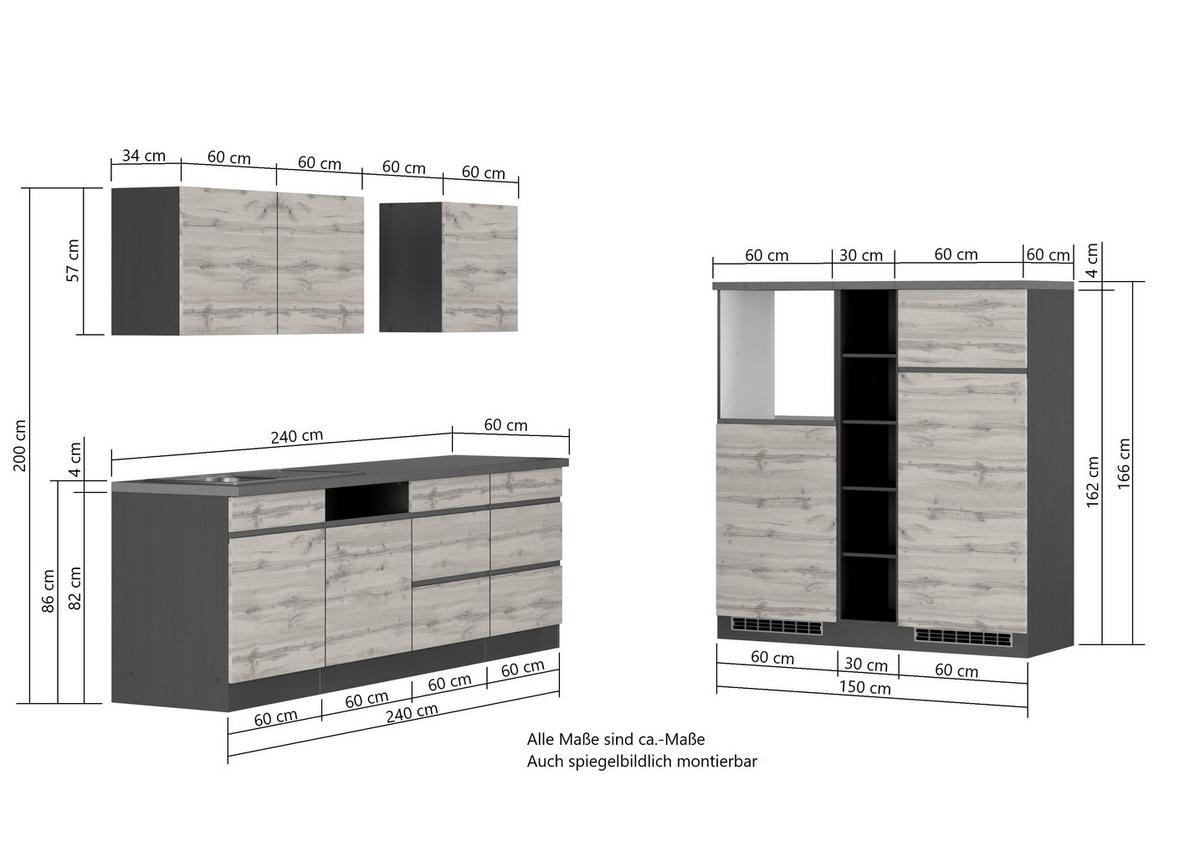 Zweizeilige Küche Turin 390 cm Graphitfarben/Eiche - Eiche Wotan/Graphitfarben, Design, Holzwerkstoff (390cm) - Held