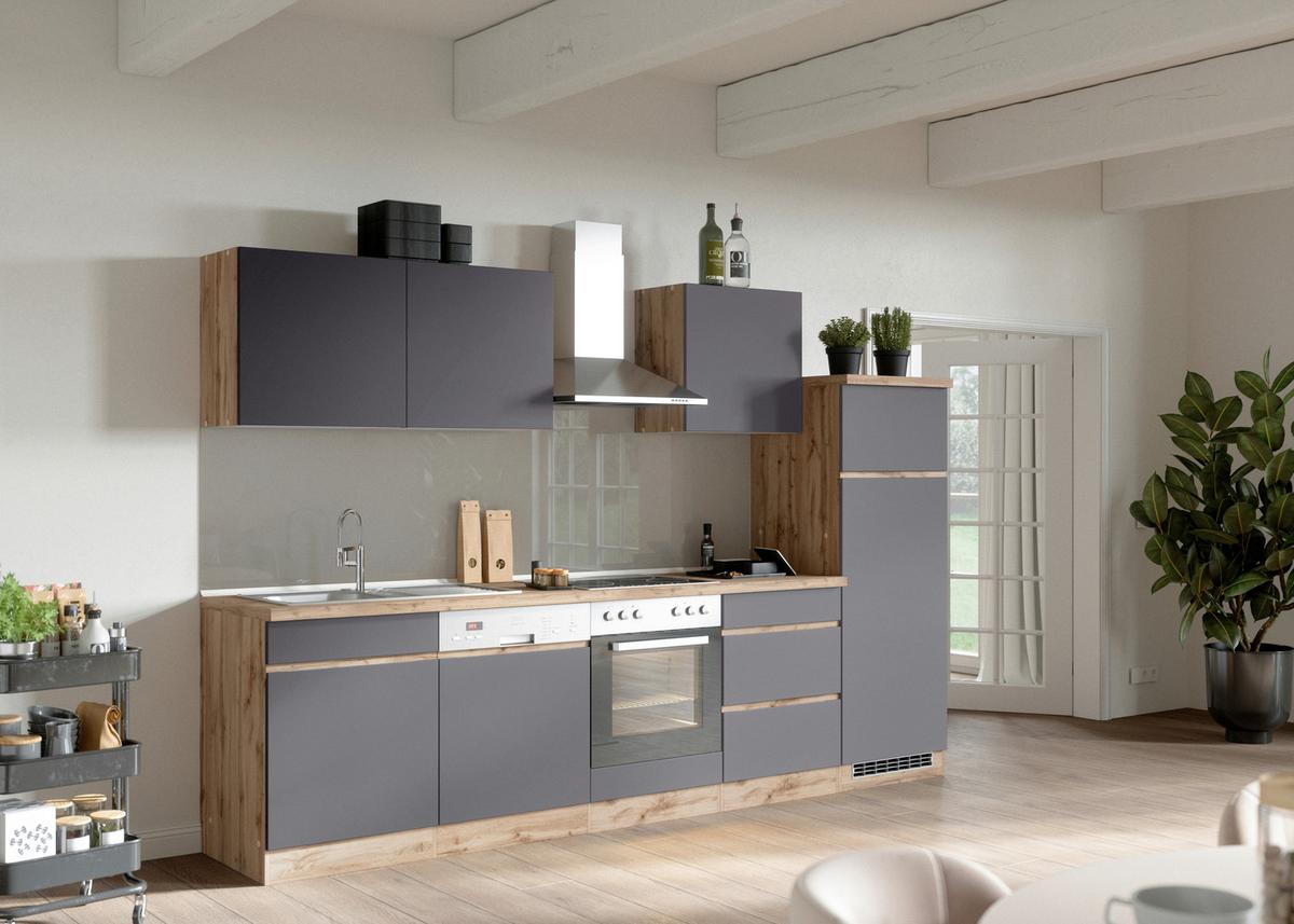 Küchenzeile Turin mit Geräten B: 300cm Grau/Wotaneiche Dekor - Eiche Wotan/Grau, Design, Holzwerkstoff (300cm) - Held