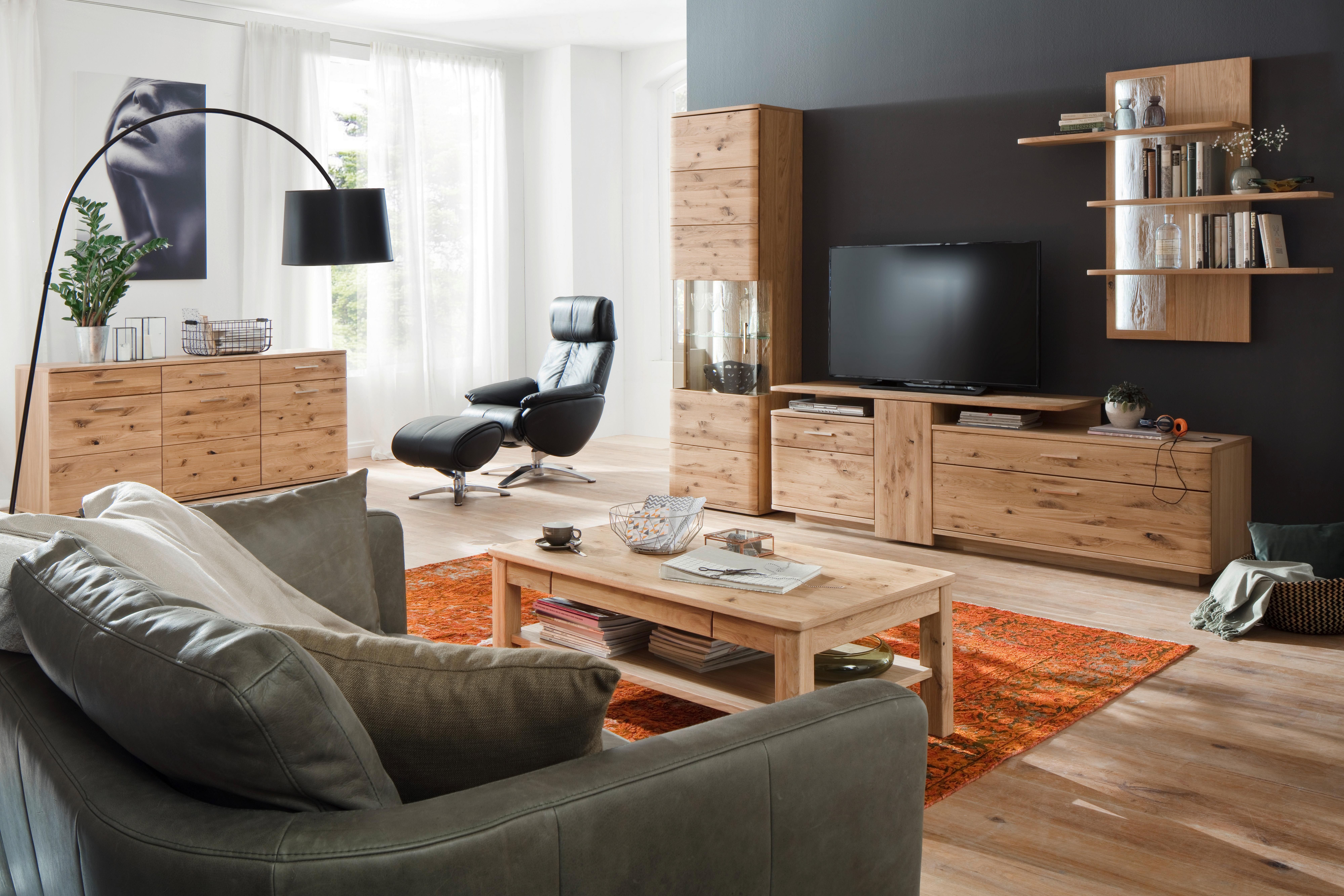 Santori Eiche teilmassiv - Eichefarben/Schwarz, Design, Glas/Holz (320/208/45cm) - Livetastic