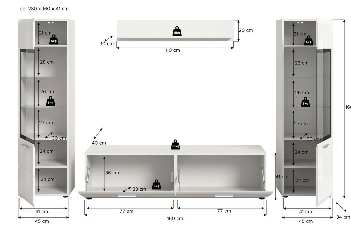 Sideboard Ice Weiß/weiß Hochglanz B: 280 Cm - Weiß Hochglanz/Schwarz, Design, Glas/Holzwerkstoff (280/160/41cm) - Livetastic