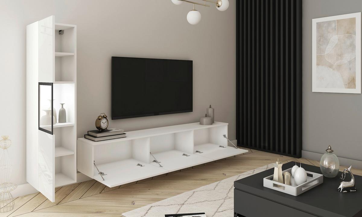 Wohnwand Berlin I Weiß B: 210 cm - Weiß Hochglanz/Weiß, Design, Glas/Holzwerkstoff (210/130/32,5cm) - MID.YOU