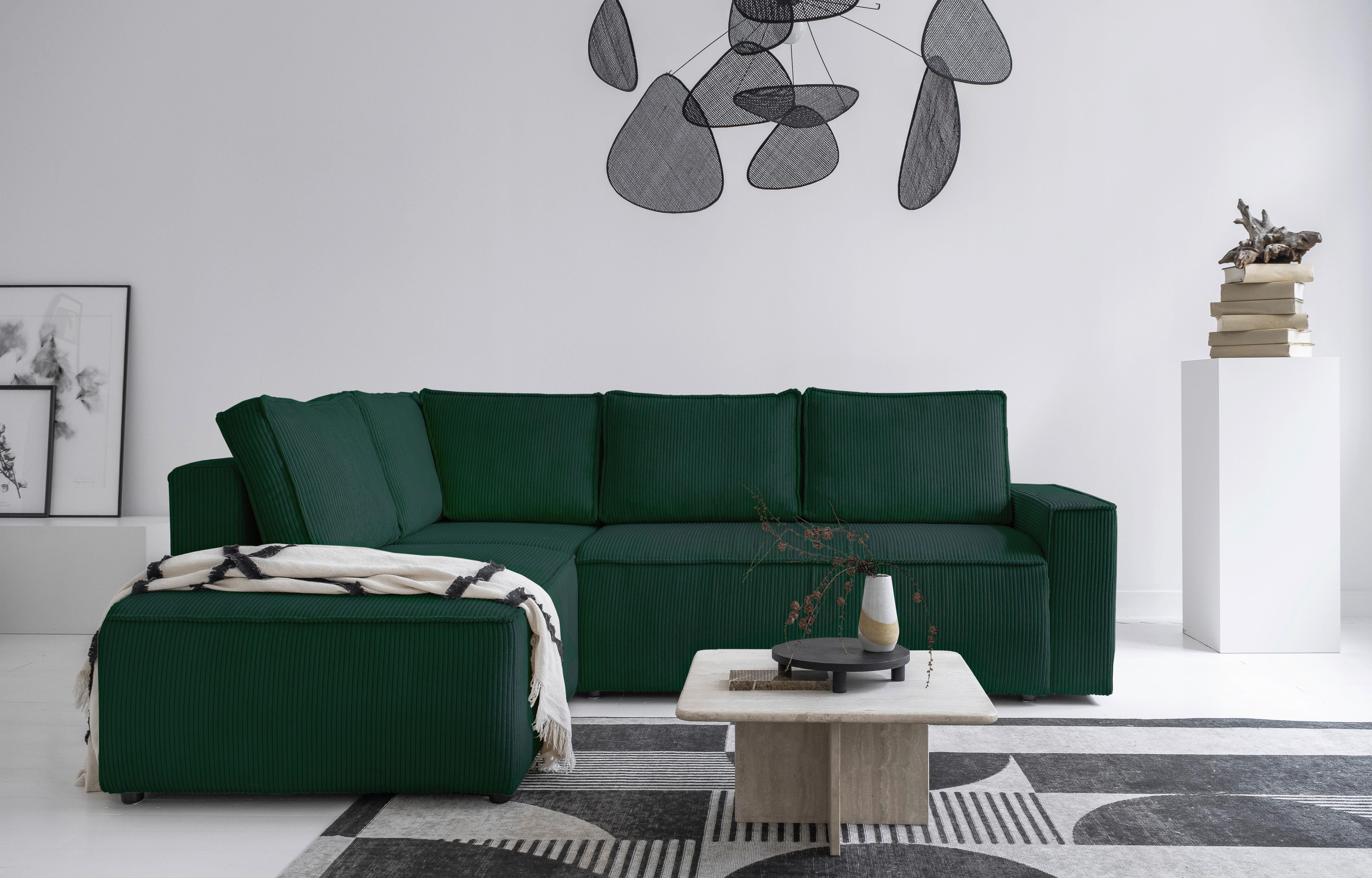 Sedačka OLIVER, levá, tmavě zelená barva - černá/tmavě zelená, Design, dřevo/textil (194/247cm)
