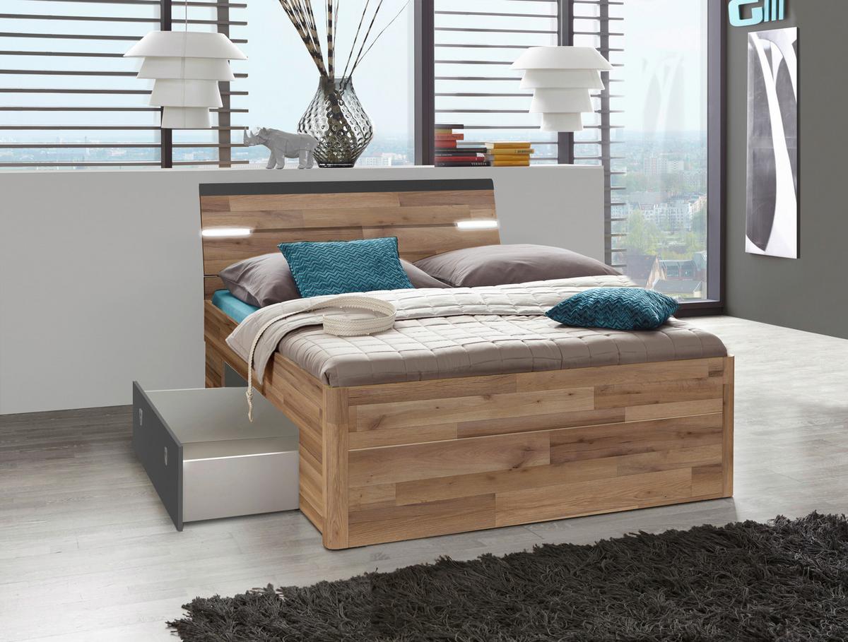 Stauraumbett Mit Beleuchtung 160x200 Cm Mars Eiche Dekor - Eichefarben/Dunkelgrau, KONVENTIONELL, Holzwerkstoff (160/200cm) - MID.YOU