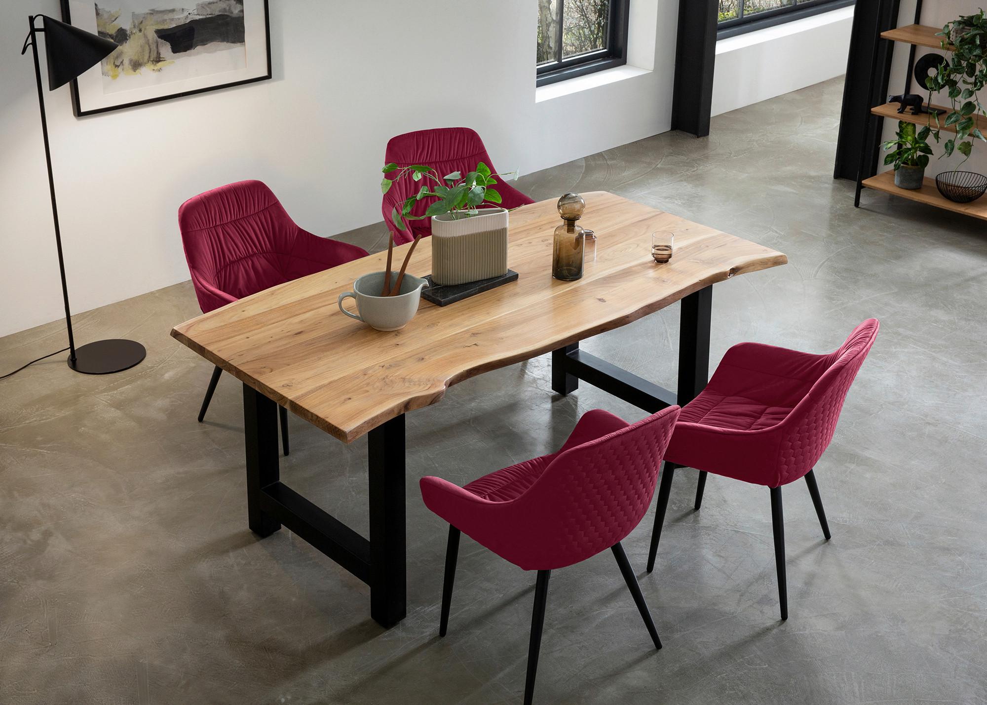 Tischgruppe Akazie Massiv/rot 5--Teilig. - Rot/Naturfarben, MODERN, Holz/Textil (160/85/76,5cm) - Livetastic