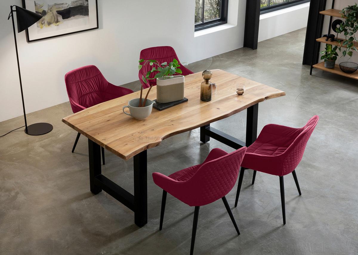 Tischgruppe Akazie Massiv/rot 5--Teilig. - Rot/Naturfarben, MODERN, Holz/Textil (160/85/76,5cm) - Livetastic