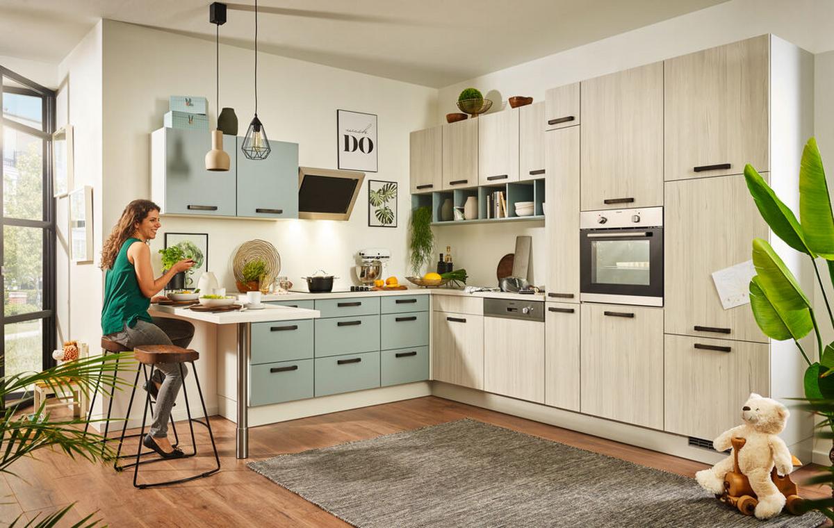 Einbauküche Pn 100 Frei Planbar - Blau/Eichefarben, Holzwerkstoff - Pino