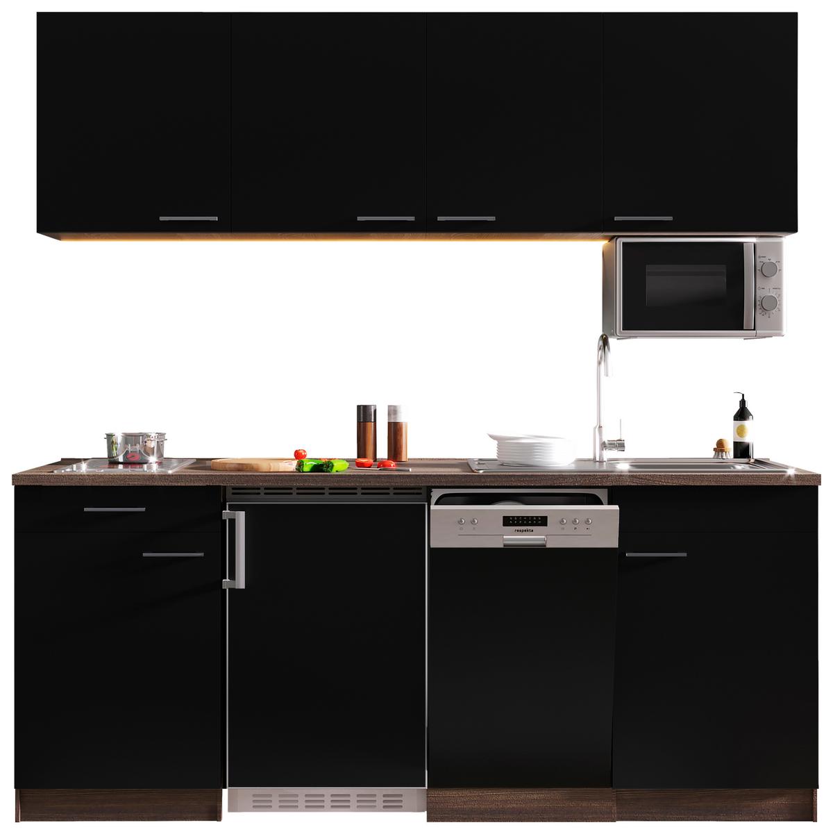 Küchenzeile Economy mit Geräten 195 cm Schwarz/Eiche Dekor - Eichefarben/Schwarz, Basics, Holzwerkstoff (195cm) - Respekta