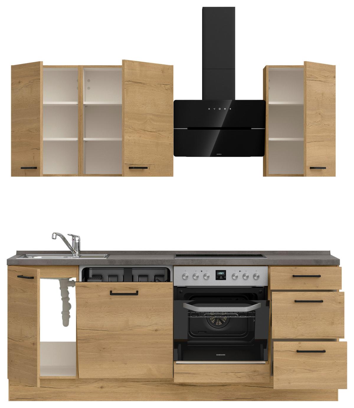 Kuchynská linka 210 cm, dub Sierra - čierna/farba duba, Modern, kov/kompozitné drevo (210cm) - Nobilia